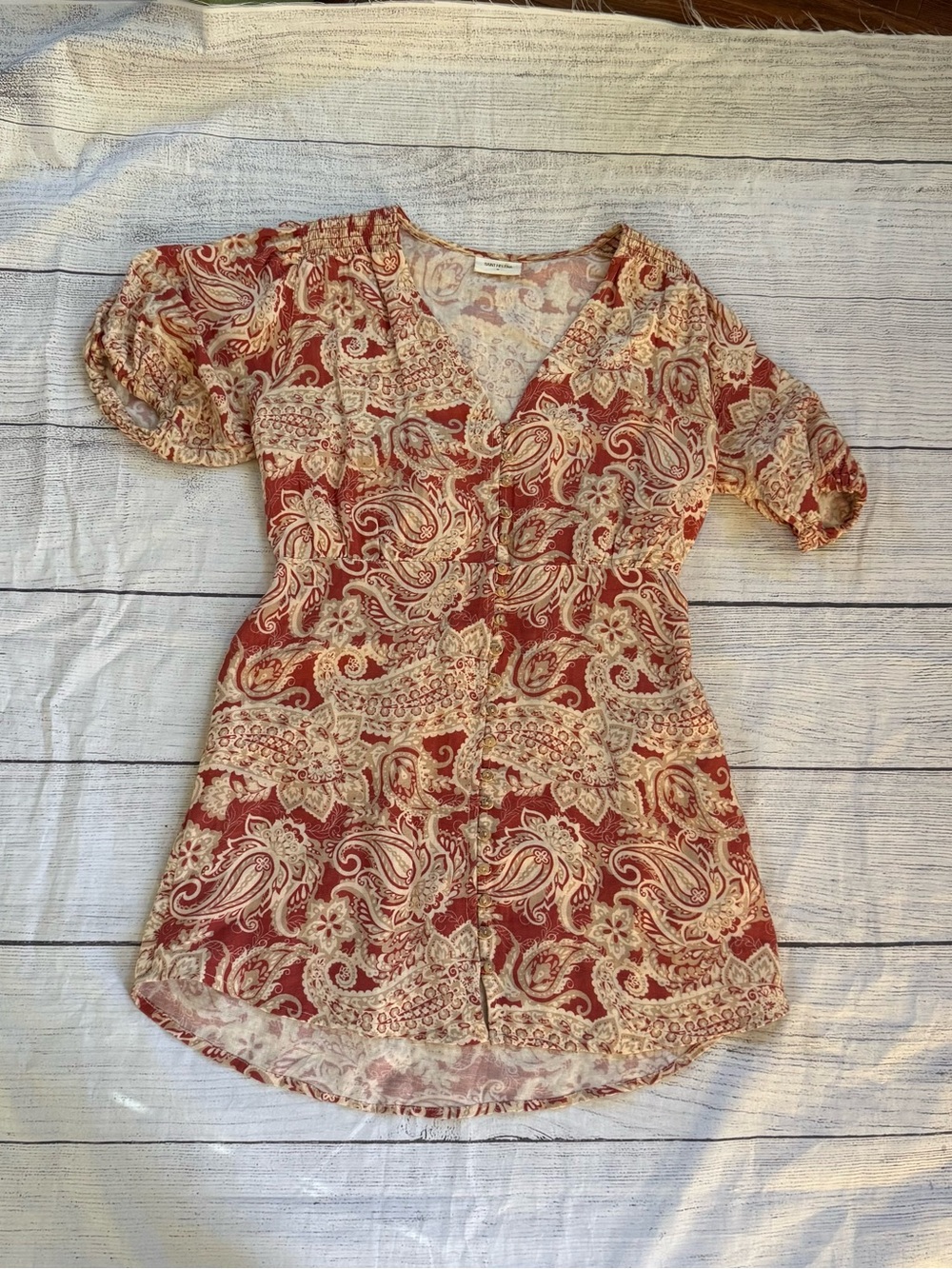 saint helena linen woman's paisley print button-front mini dress size medium